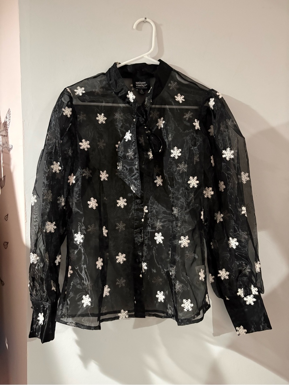 Unique Vintage Sheer Black Blouse with White Snowflake Embroidery Size Medium